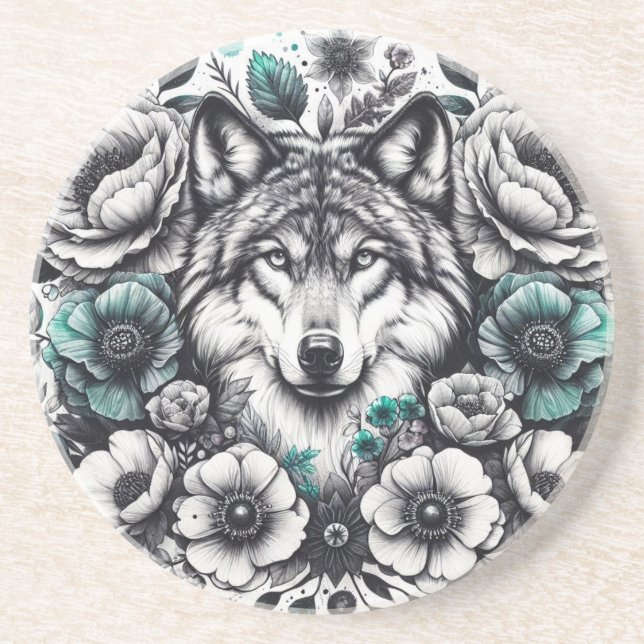 Loup turquoise et gris avec Dessous de verre de gr (Devant)