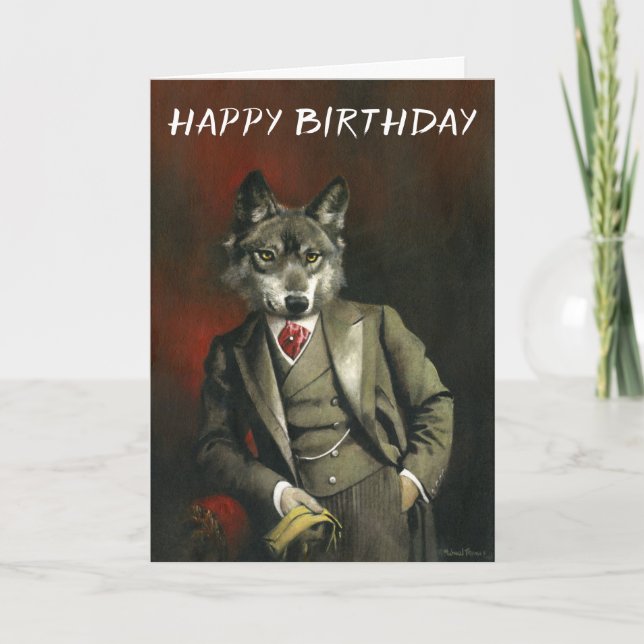 Loup vintage en costume Carte d'anniversaire (Devant)
