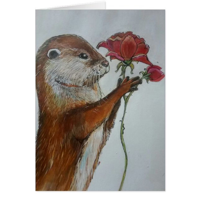 Loutre d'illustration tenant un rose rouge simple (Devant)