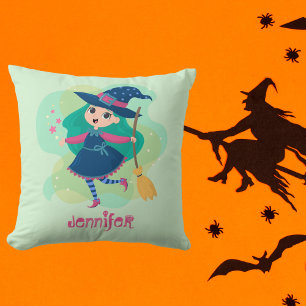 Lovable Halloween Witch with Broom and Stars Throw Pillow