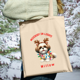 Lovable Watercolor Shih Tzu Christmas Lights Dog Tote Bag