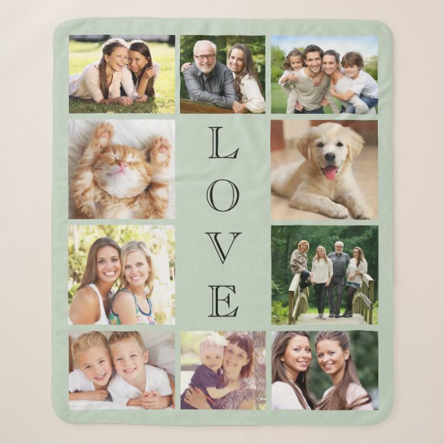 Love 10 Photo Collage Sage Green Sherpa Blanket (Front)