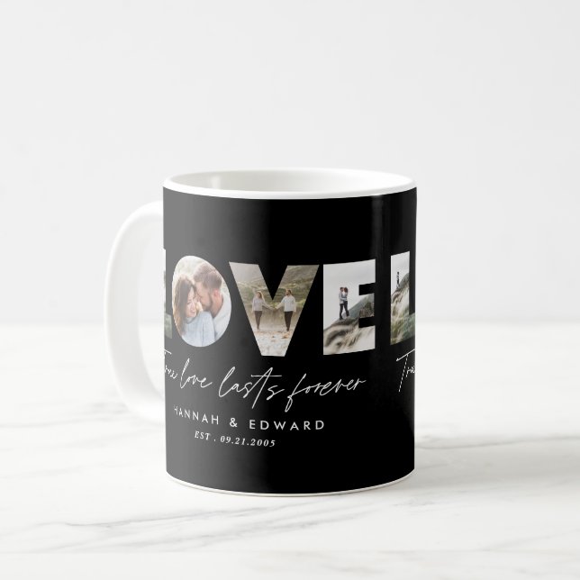 Love 4 photo modern minimal personalised black coffee mug (Front Left)