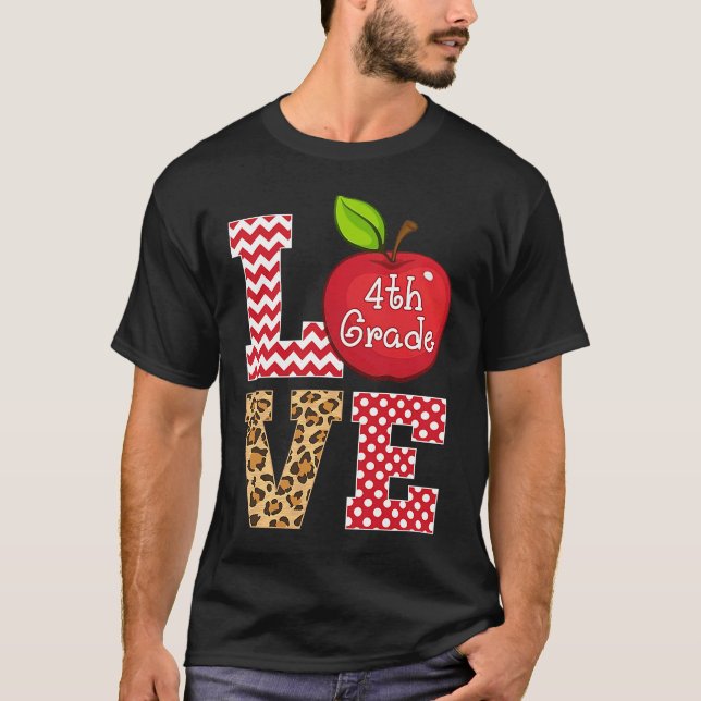 Love 4th Grade Apple Tees  Teacher Leopard (Front)