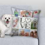 LOVE 8-Photo Collage (changeable background colour Throw Pillow<br><div class="desc">Display eight of your favourite photos on this full-bleed photo collage design with the word LOVE in a silver grey watercolor and a changeable white background colour on the front and a changeable solid silver grey colour on the back. PHOTO TIP: For fastest/best results, choose a photo with the subject...</div>