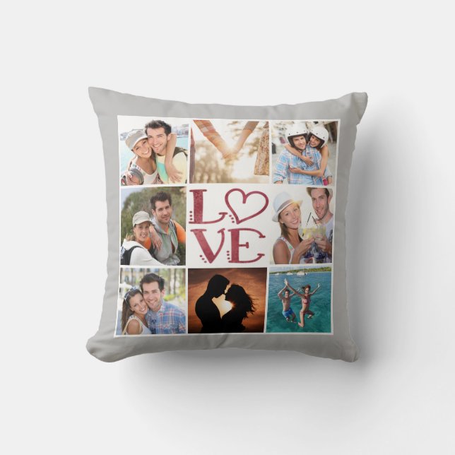 LOVE 8-Photo Collage Editable Grey Personalized Throw Pillow (Front)