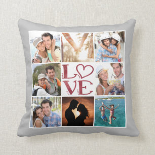 LOVE 8-Photo Collage Editable Grey Personalized Throw Pillow