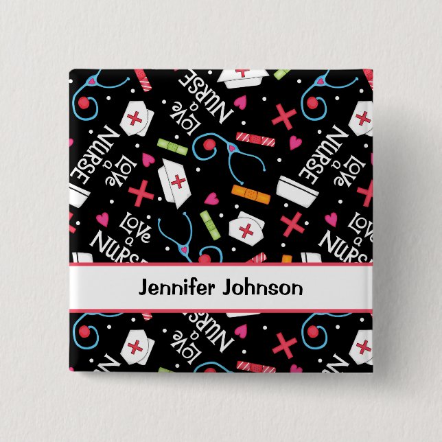 Love a Nurse Art black Name Personalized Pin Badge (Front)