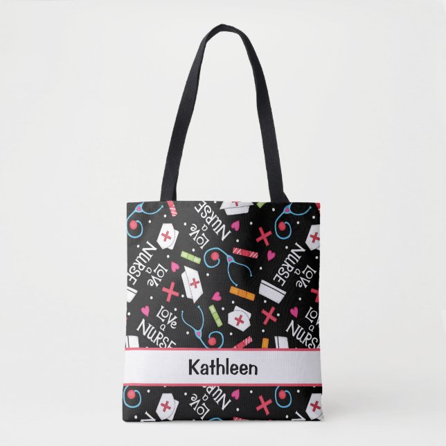 Love a Nurse Art Black Name Personalized Tote Bag (Front)