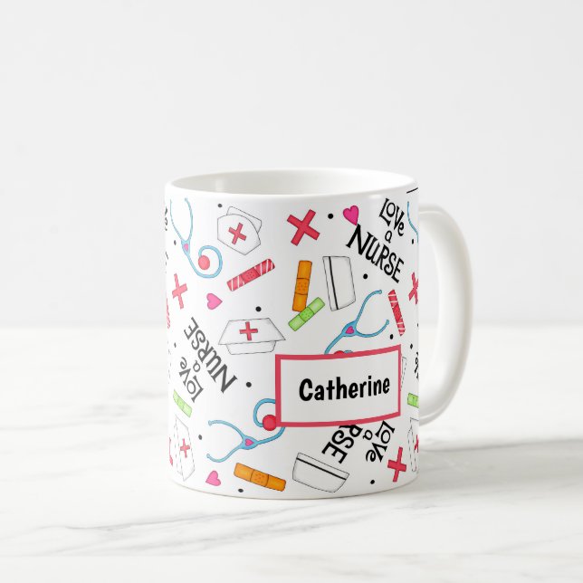 Love A Nurse Art Colourful White Name Personalized Coffee Mug (Front Right)