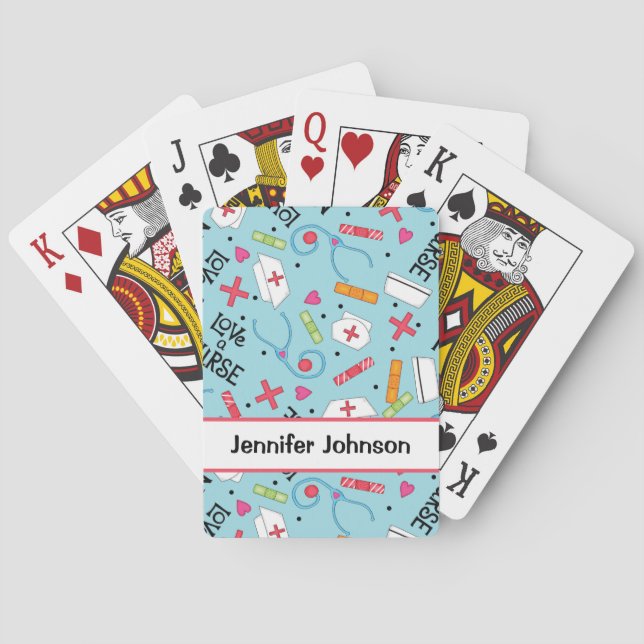 Love a Nurse Art Light Blue Name Personalized Playing Cards (Back)