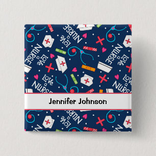 Love a Nurse Art Navy Blue Name Personalized Badge 2 Inch Square Button