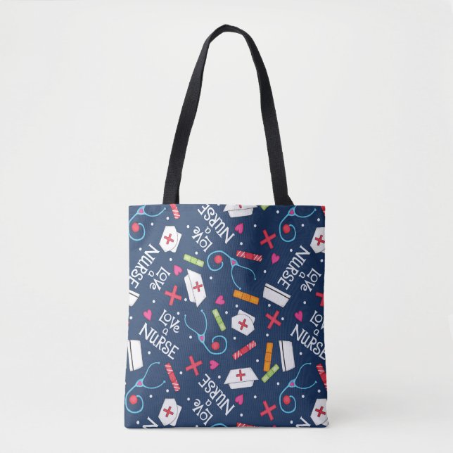 Love a Nurse Art Navy Blue with Nurse Designs Tote Bag (Front)