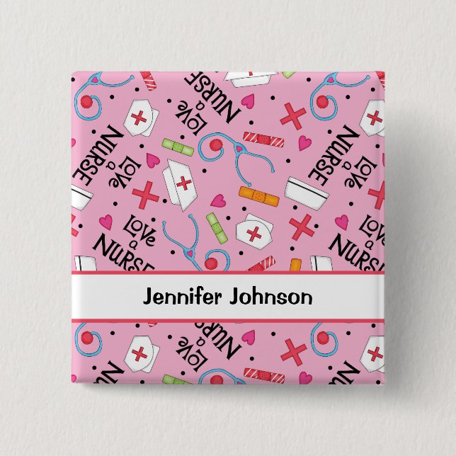 Love a Nurse Art Pink Name Personalized Pin Badge (Front)