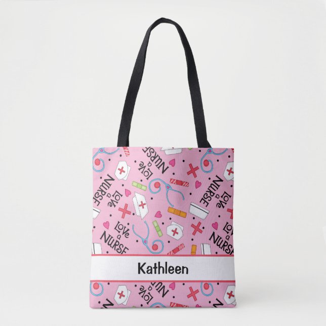Love a Nurse Art Pink Name Personalized Tote Bag (Front)