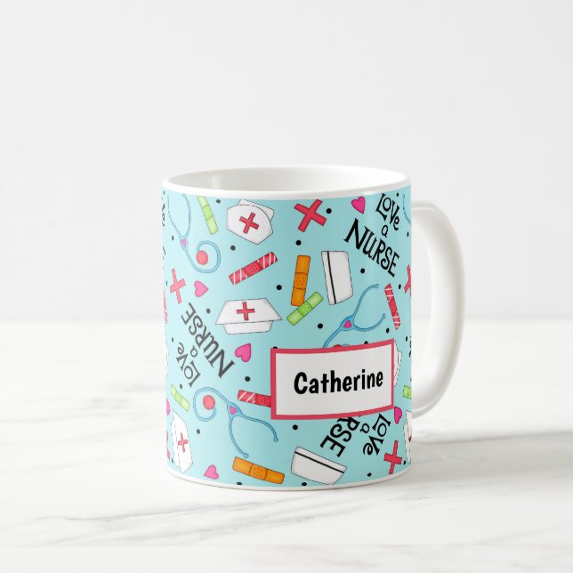 Love A Nurse Art Turquoise Blue Name Personalized Coffee Mug (Front Right)