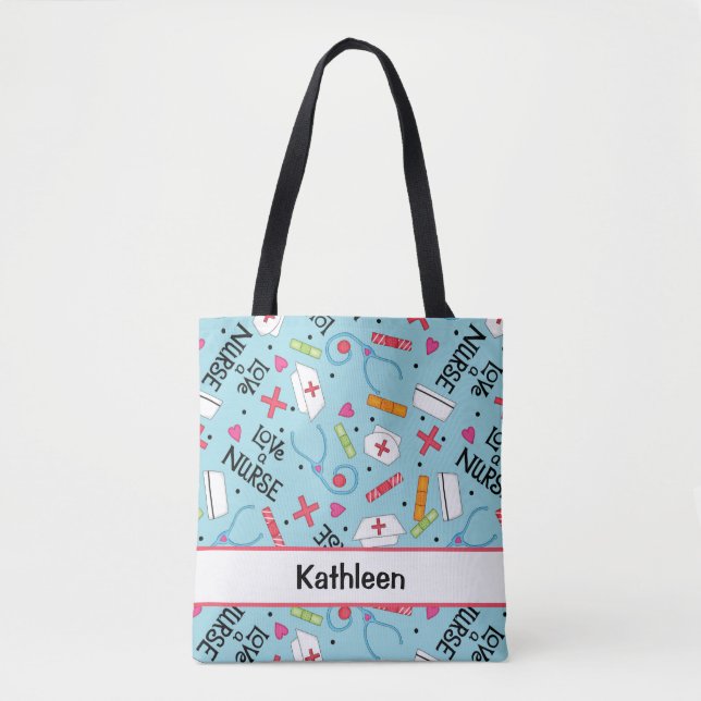 Love a Nurse Art Turquoise Blue Name Personalized Tote Bag (Front)