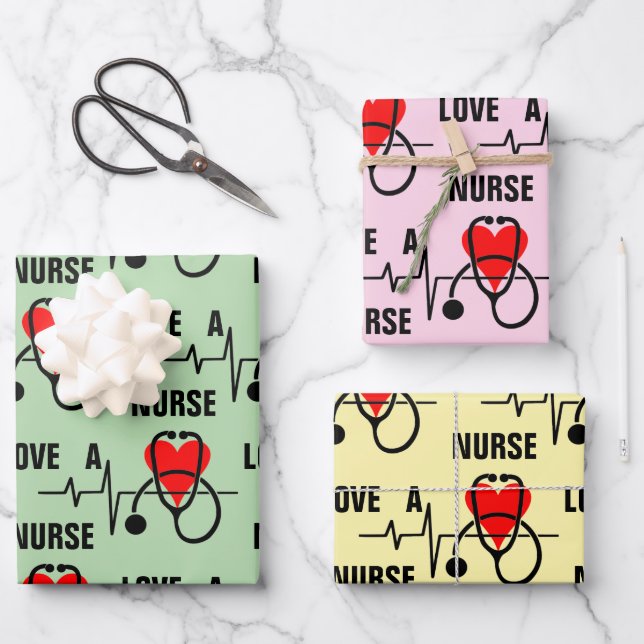Love a Nurse Heart Stethoscope Design Wrapping Paper Sheet (Front)