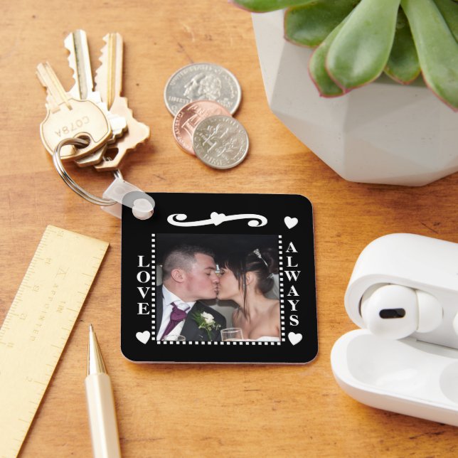 Love always 2 photos add initials white black keychain (Desk)