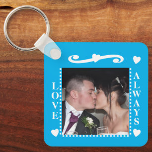 Love always 2 photos add initials white blue keychain
