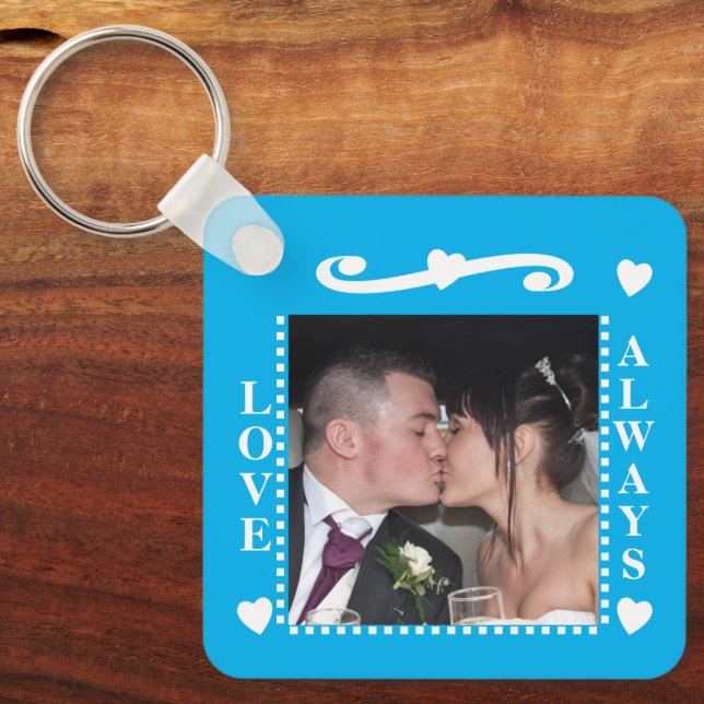 Love always 2 photos add initials white blue keychain (Front)