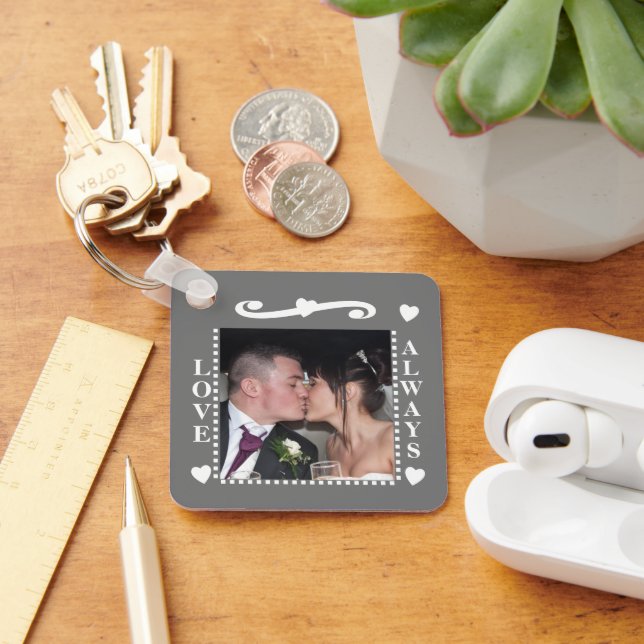 Love always 2 photos add initials white grey keychain (Desk)