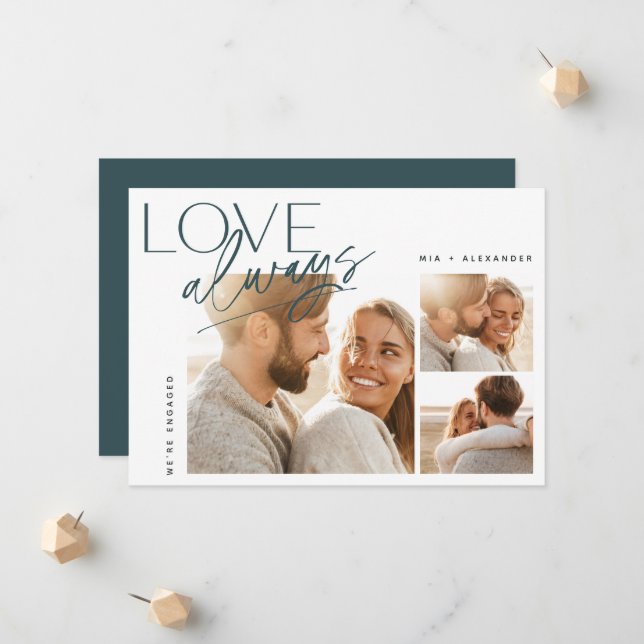 Love Always Three Photo Collage Engagement Announcement (Front/Back In Situ)