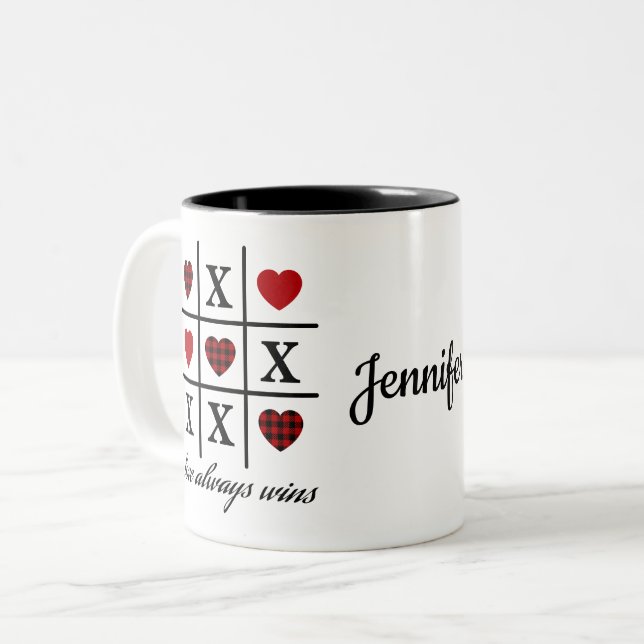 Love Always Wins Tic Tac Toe Red Buffalo Hearts Two-Tone Coffee Mug (Front Left)