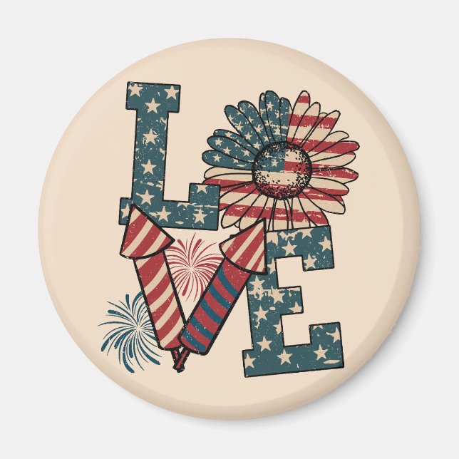 LOVE America Patriotic Round Magnet  (Front)