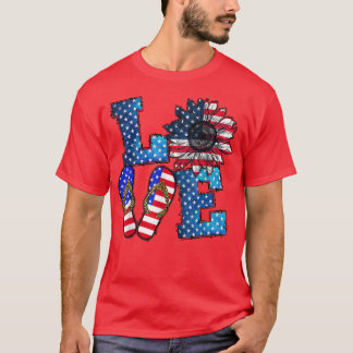 LOVE American Flag Sunflower 4th Of July T-Shirt