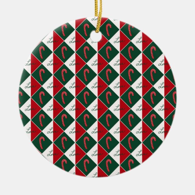 Love and Candy Canes Ceramic Ornament (Front)