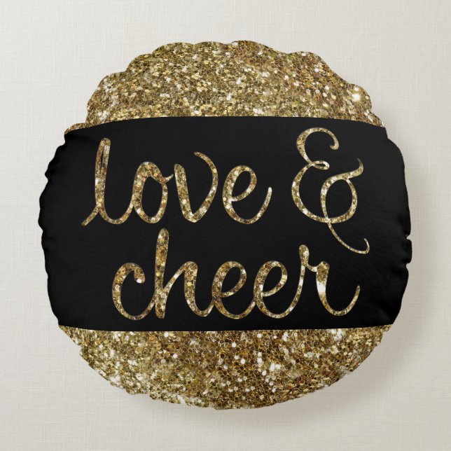 Love and Cheer Glitter Shiny Effect Christmas Round Pillow (Front)