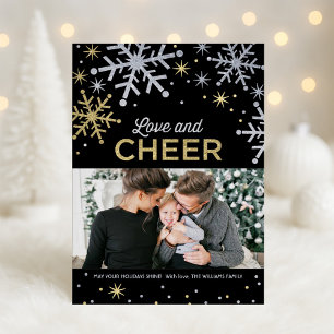 Love and Cheer Silver and Gold Sparkle Photo Holiday Card
