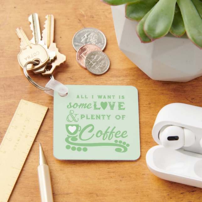 Love and coffee add initials green keychain (Desk)