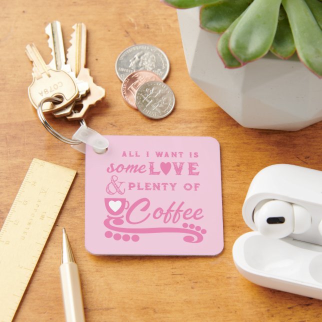 Love and coffee add initials pink keychain (Desk)