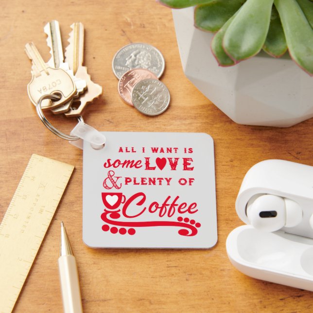 Love and coffee add initials red keychain (Desk)
