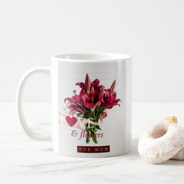 Love And Flowers For MoM Purple Pink Floral Roses  Coffee Mug (With Donut)