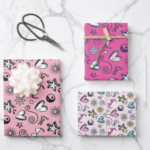Love and Heart Doodle Pink Pattern Valentine's Day Wrapping Paper Sheet