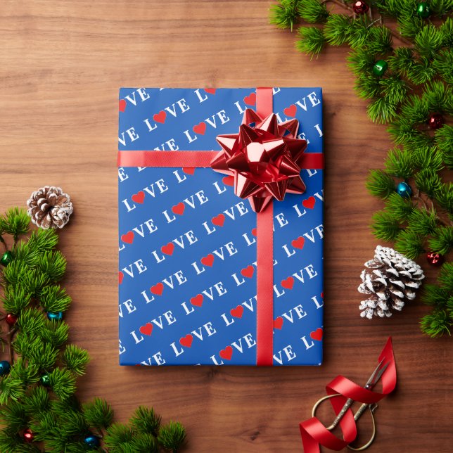 LOVE and Heart Navy Blue Elegant Wrapping Paper (Holiday Gift)