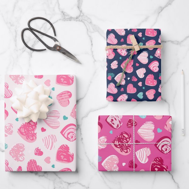 Love and Heart Sketch Pink Pattern Valentine's Day Wrapping Paper Sheet (Front)