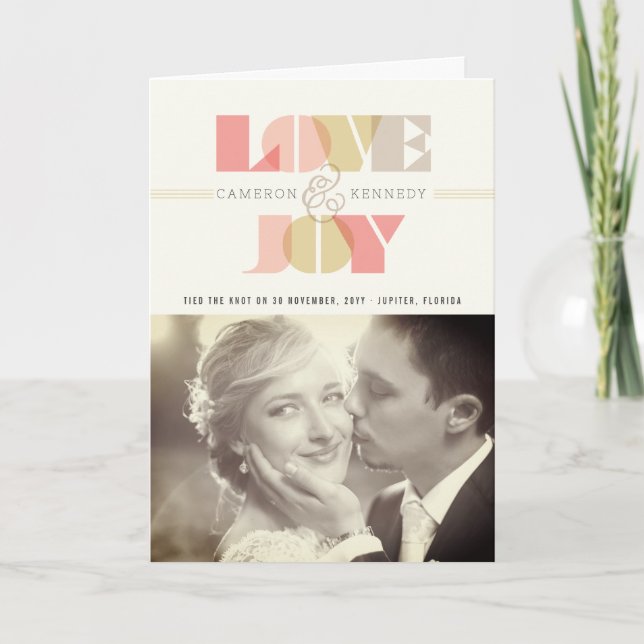 Love And Joy Clear Geo Typography Photo Wedding Holiday Card (Front)