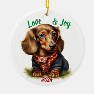 Love and Joy Dachshund: Watercolor Ceramic Ornament