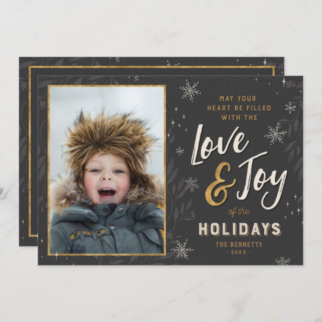 Love and Joy Faux Foil Photo | Greeting on Back Holiday Card (Front/Back)