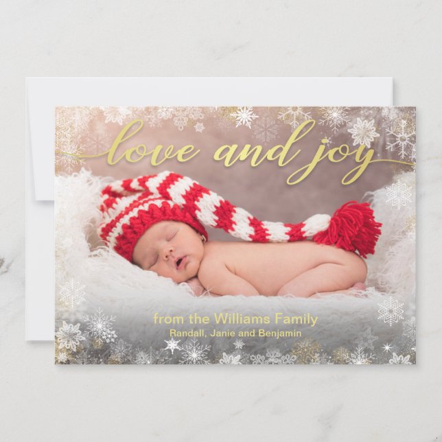 Love and Joy Holiday Photo with Snowflake Border (Front)