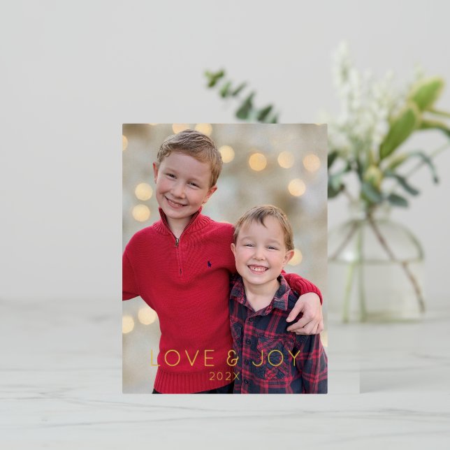 Love and Joy Kids Photo Foil Holiday Postcard (Standing Front)