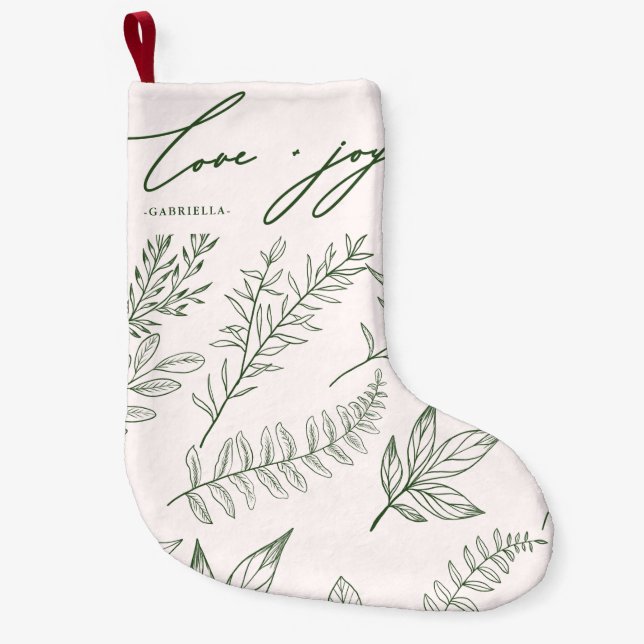 Love and Joy Leaves with Name Blush Pink Christmas Small Christmas Stocking (Front)