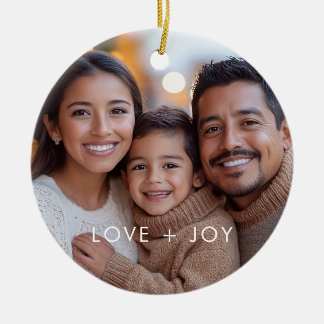 Love and Joy Modern Minimalist Christmas Photo    Ceramic Ornament (Front)