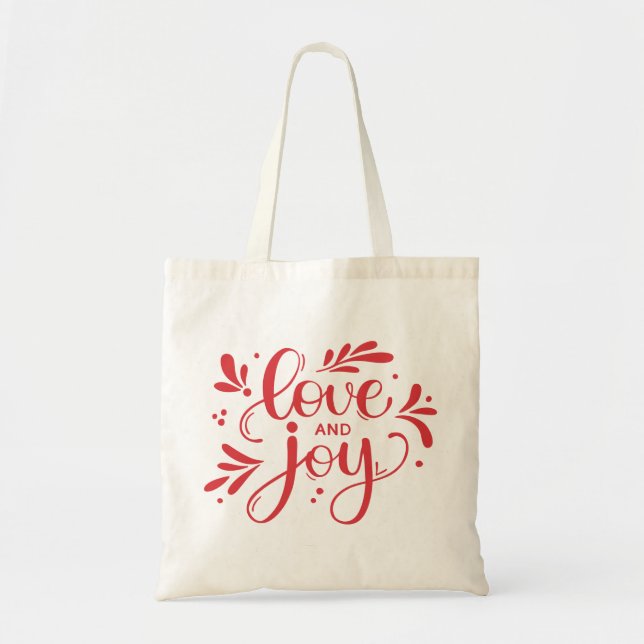 Love and Joy. Red Christmas script calligraphy Tote Bag (Front)