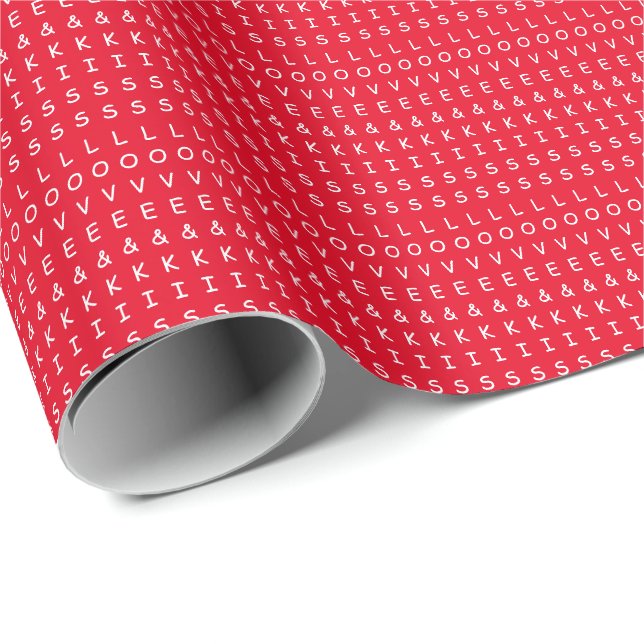 love and kisses, fun red white graphic text design wrapping paper (Roll Corner)