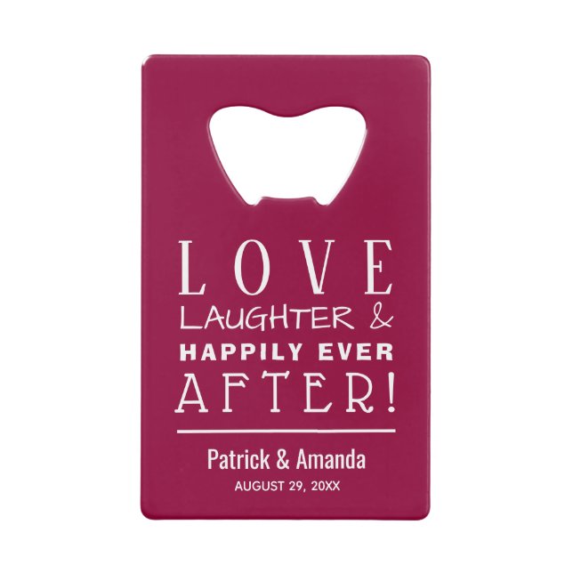 Love and Laughter Cranberry Wedding Credit Card Bottle Opener (Front)